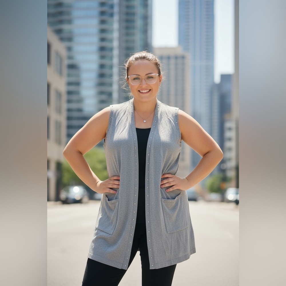 Sleeveless Open-Front Silver Cardigan Vest